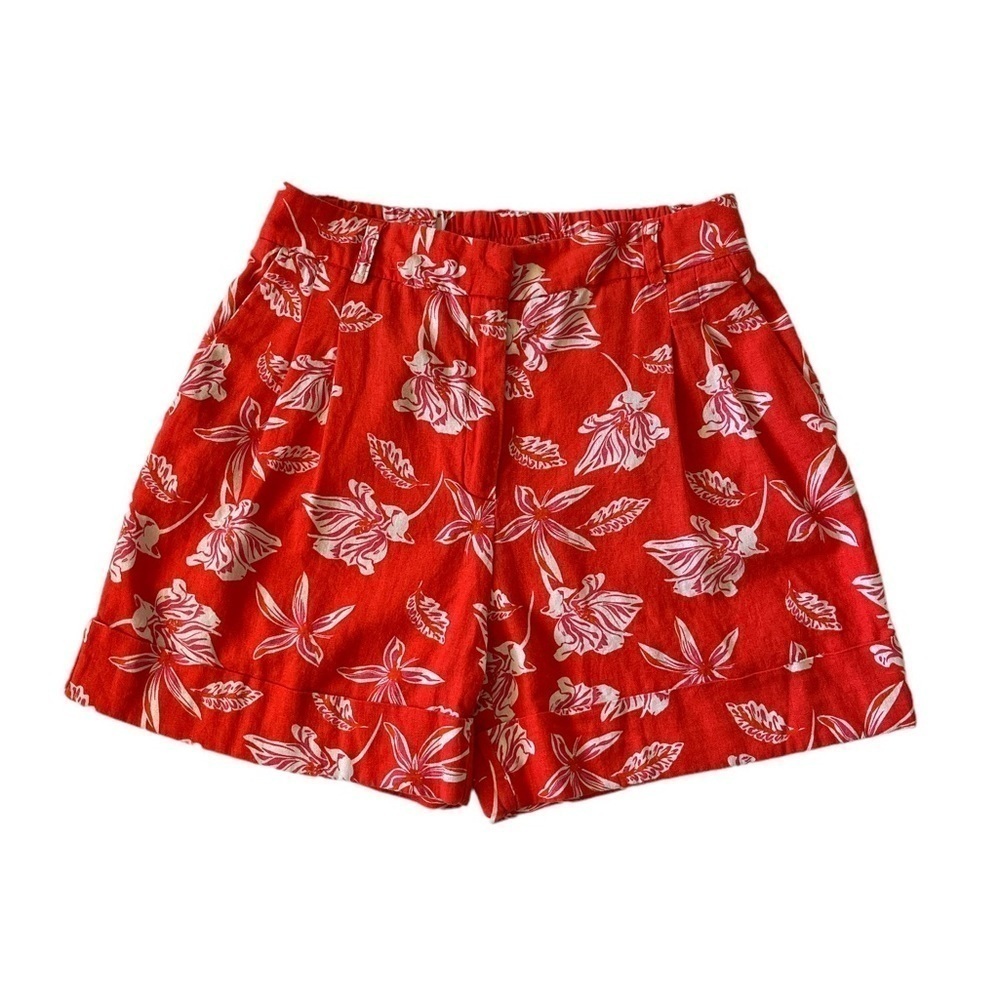 Joie red floral tropical print pleated linen blend shorts